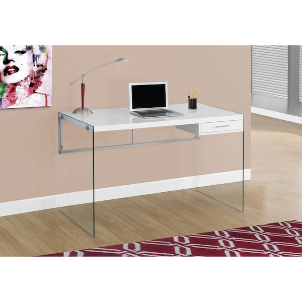 Computer Desk, Home Office, Laptop, Storage Drawers, 48"L, Work, Tempered Glass, Glossy White, Clear
